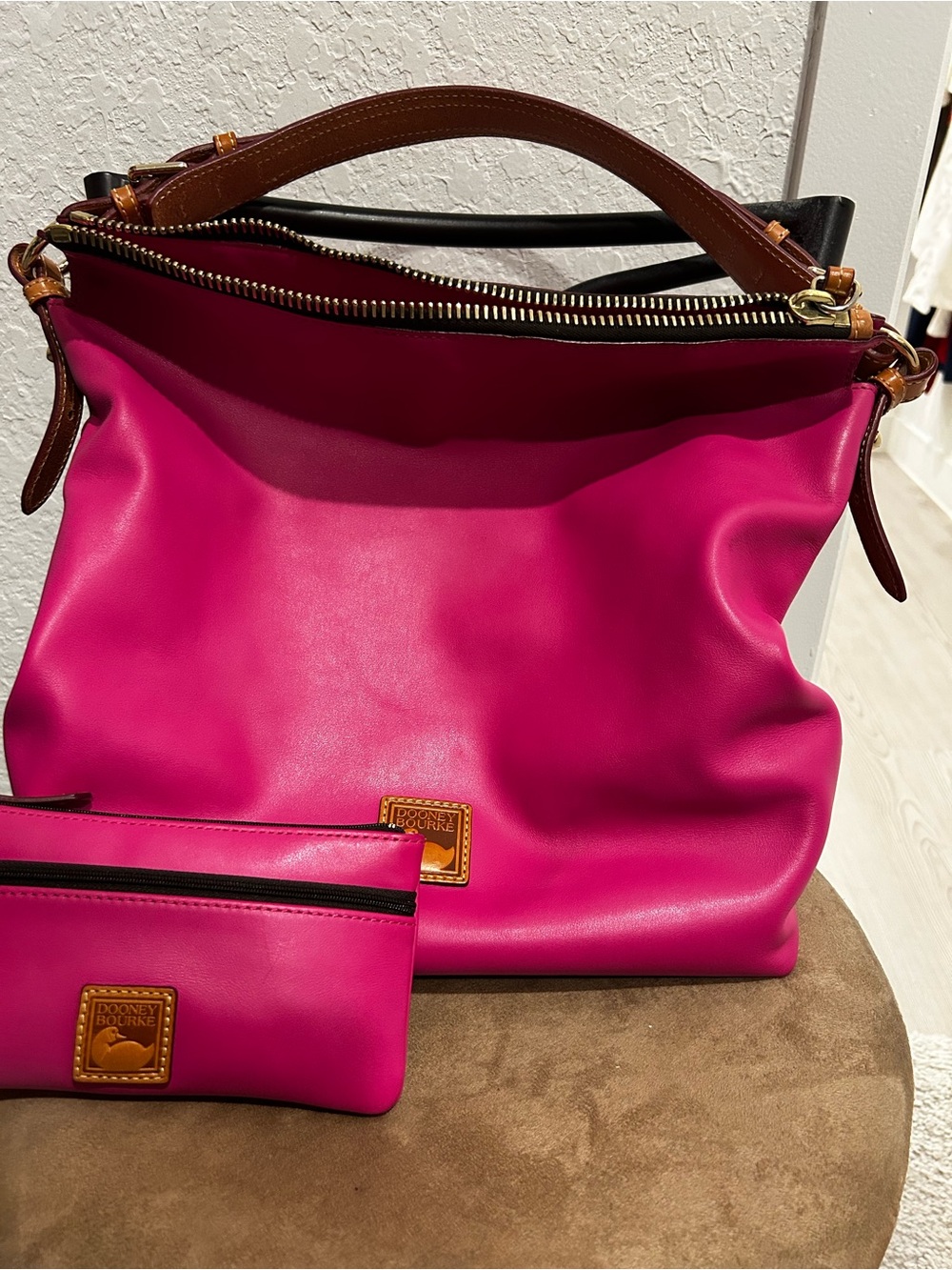 Dooney & Bourke Hot Pink Leather Tote with Brown Trim
